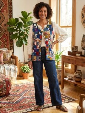 The Territory Ahead Multicolor Patchwork Button Front Vest Boho Made in India